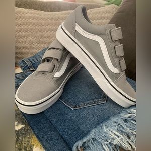NEW Vans with three Velcro straps. Light grey with white. Size 6 in women’s